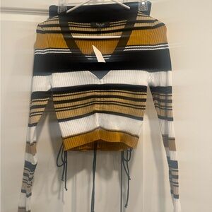 Striped V-Neck Sweater & Skirt Set - Mustard, Black, White